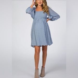 Maternity Dress, Light Blue Textured Dot Smocked Square Neck Chiffon